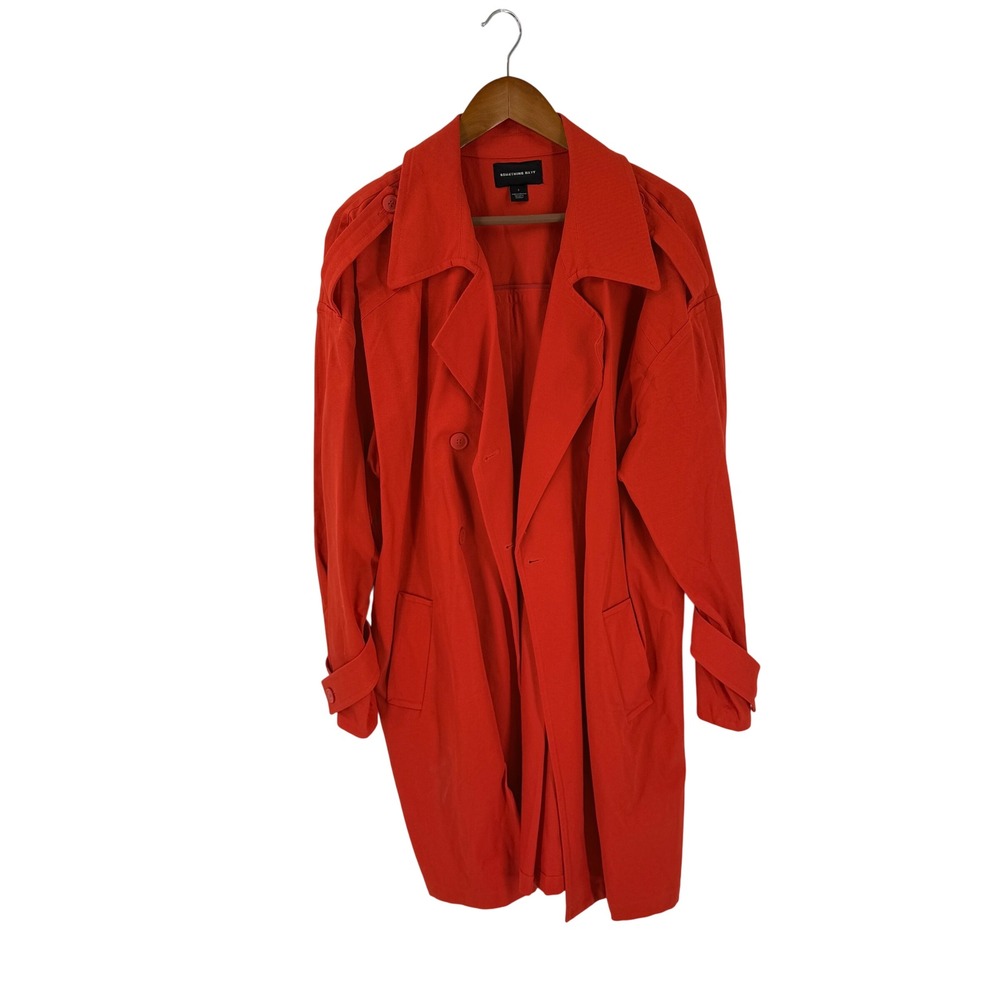 Something Navy Trench Coat Bright Red L Longline Lightweight Epaulettes